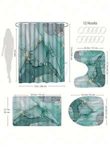 1/4 Piezas Juego de baño con patrón de mármol azul y verde, Cortina de ducha impermeable con 12 ganchos, Alfombra en forma de U, Tapa de inodoro, Alfombra en forma de L, Accesorios de baño, Decoración de baño con estilo - Multicolor - Ver 7