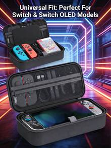 18 Game Card Capacity Portable Protective Case For Nintendo Switch/Switch OLED, Hard Shell Travel Carrying Bag For Console & Accessories, With Game Card Slots, LED Light Switch Cover, Black - Black - View 6