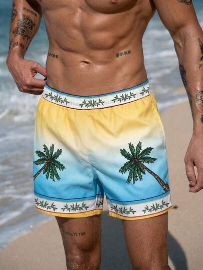 Men's Tropical Palm Tree Print Beach Shorts, Gradient Color Summer Swim Trunks, Quick Dry Holiday Swimwear, Dopamine Style Surfing Shorts