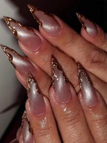 24pcs 3D Embossed Almond Shaped False Nails, Y2K Style Gold Nail Stickers - Gold - View 8