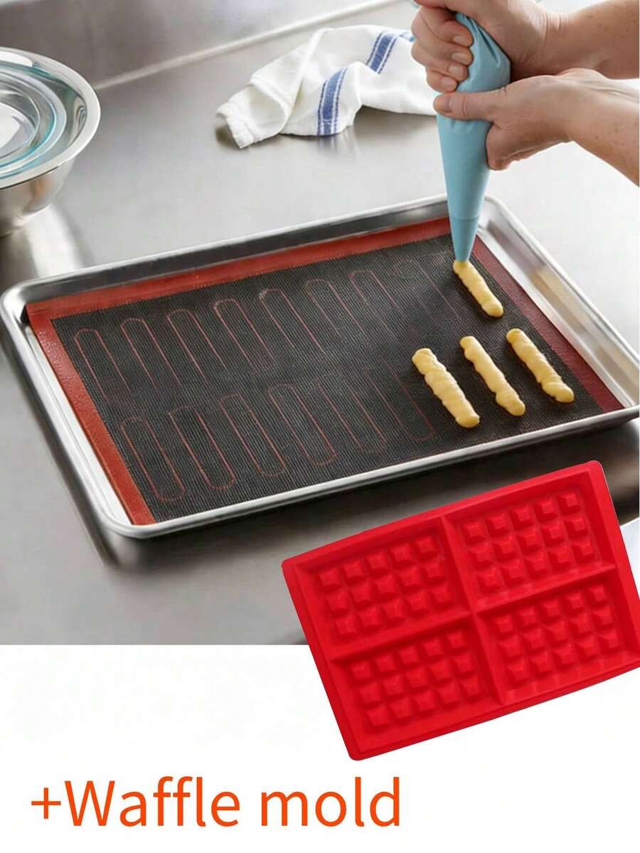 1Set-30X40cm Silicone Grill Mat Baking Tray Combine With Waffle Cookie Molds And Piping Bags Breathable Cookie Bread Mat Oven Microwave High Temperature Baking Kitchen Tools - Multicolor - View 1