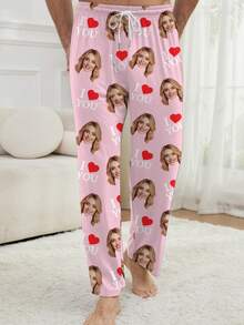 Customized Portrait Men's Pajama Pants, Heart Print Casual Lounge Pants - Pink - View 3