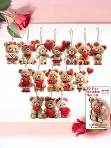 15pcs Valentine's Day Plush Bear Wooden Pendant | Cute Bear Pendant, Suitable For Home Decor, Office/Classroom Decor, Valentine's Day Party Supplies, Engagement Or Wedding Decoration, Realistic Tree-Shaped Pendant, Gift Tag - Multicolor - View 4