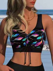 Black And White Flower Drawstring Two Pieces Swimsuit Set Black Triangle Skirt And Drawstring Tankini Set Swimsuit For Women - Multicolor - View 4