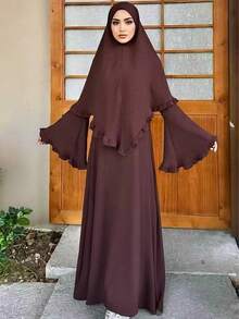 Bộ Abaya hai mảnh, Abaya vải crepe và khăn choàng, Abaya tay loe và khăn trùm đầu, váy dài nữ mùa xuân - màu nâu - Xem 3