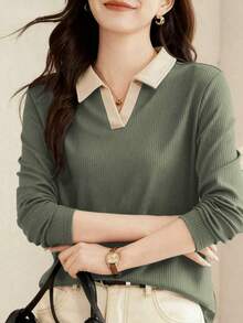 2025 新款秋季女式 Polo 领长袖 T 恤，时尚外套套头衫 - 軍綠色 - 查看 4