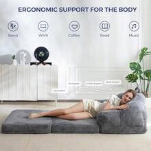 MAXYOYO Folding Sofa Bed, 2 In 1 Convertible Sofa To Lounger Comfy Single Bean Bag Chair For Adults, Floor Sleeper Couch With Handle, Faux Fur Couch Bed For Living Room Bedroom, Beige - 灰色 - 查看 7