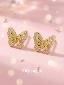 1 Pair Exquisite Sparkling Butterfly Stud Earrings, Suitable For Children, Girls, Friends, Street Parties, Vacations, Beach Holidays, Versatile Accessory, Also An Ideal Children's Birthday Gift - Gold - View 1