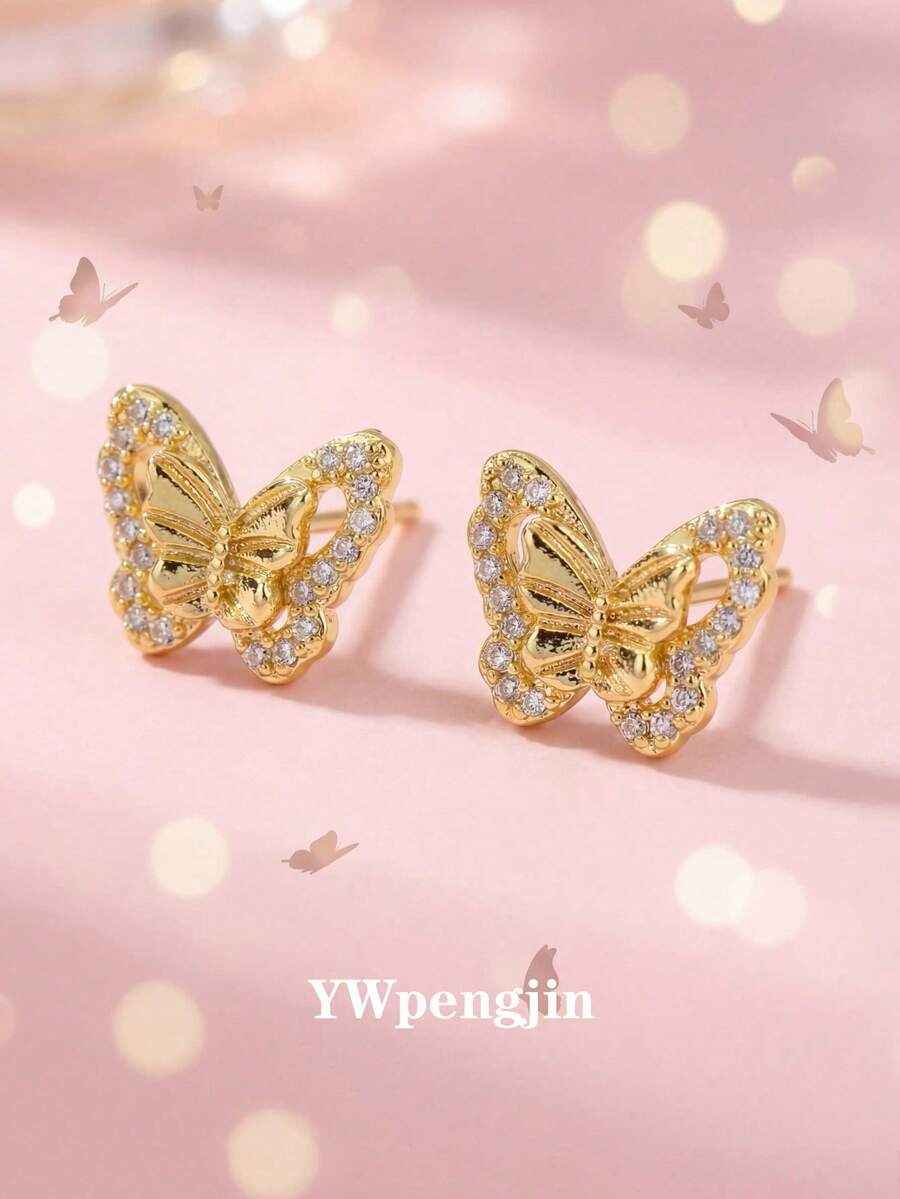 1 Pair Exquisite Sparkling Butterfly Stud Earrings, Suitable For Children, Girls, Friends, Street Parties, Vacations, Beach Holidays, Versatile Accessory, Also An Ideal Children's Birthday Gift - Gold - View 1
