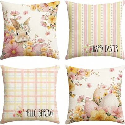 4pcs, Happy Easter Eggs Bunny Plaid Throw Pillow Covers, Spring Floral Cushion Case Decoration For Sofa Couch