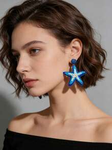 1Pair Bohemian Sea Star Earrings Handmade From Natural Rafia Grass - Suitable For Daily And Vacation Wear - Multicolor - View 2