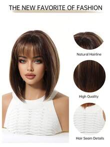 女士短款黑色棕色合成自然发假发，波波头直发带刘海，耐高温，日常、角色扮演、派对假发 - 間色 - 查看 9