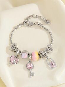 一套时尚个性化心形钻石串珠配饰，蝴蝶灯笼珠，DIY铜手链，优雅女士饰品 - 玫瑰金 - 查看 9