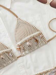 New Seashell & Starfish Princess Sexy Mesh Rope Wild Beach Vacation Style Halter Tie Strap Bikini Swimsuit For Women, Sensitive Backless Swimwear - Beige - View 3