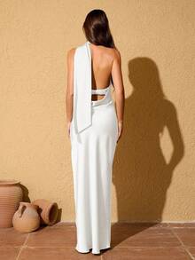 LOVE&LEMONADE 女士时尚白色缎面修身无袖围巾领长裙 - 白色 - 查看 6