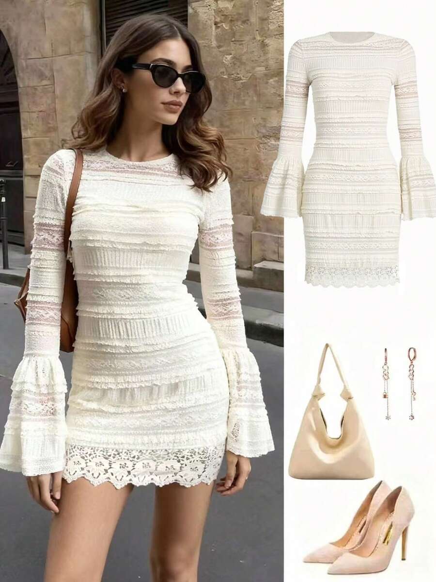 EARO Women's Short Dress With Delicate Lace Details, Long Flare Sleeves, Slim Fit, Made Of High-Stretch Fabric With Ruffle Trim, Versatile & Elegant - Apricot - View 1