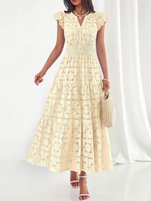 Womens Boho Maxi Dresses  Summer Floral Lace Eyelet V Neck Spring Wedding Guest Dress Beach Vacation Clothes - 米色 - 查看 1