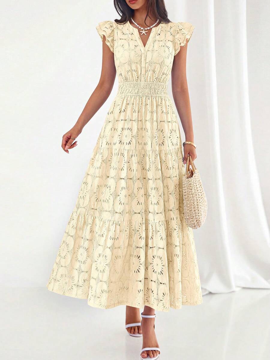 Womens Boho Maxi Dresses  Summer Floral Lace Eyelet V Neck Spring Wedding Guest Dress Beach Vacation Clothes - 米色 - 查看 1
