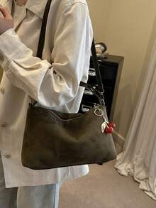 1个女士新款新月形手提包，时尚简约麂皮托特包，适合约会、送礼、通勤、购物 - 墨綠色 - 查看 3