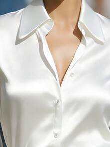 女士优雅缎面拼接薄纱袖衬衫，适合办公室、度假和日常穿着，白色夏季款 - 白色 - 查看 3
