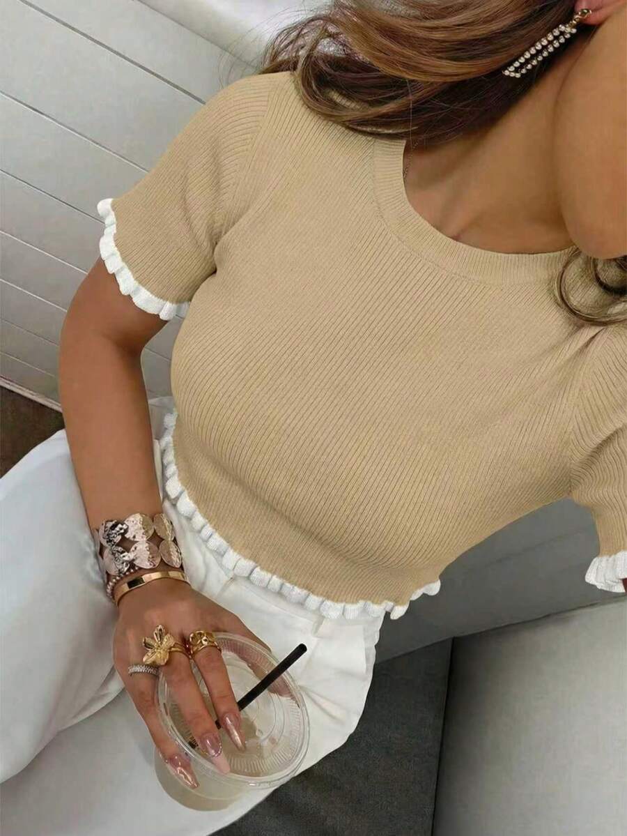 Women's Elegant Holiday/Graduation Knit Top, Casual Short Sleeve Cream Yellow Ruffle Hem Knit Pullover Sweater, Summer - Khaki - View 1