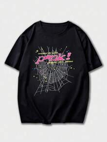 Spider Graphic Tee, (220g  100 Percent Cotton T-Shirt), Inner Clothing T-Shirt Fashionable Men's And Woman Cotton T-Shirt, A Perfect Surprise Gift For Family And Friends, Men's Shirts, Men's Summer T-Shirt, Holiday Gift, Ideal Present. - 黑色 - 查看 2