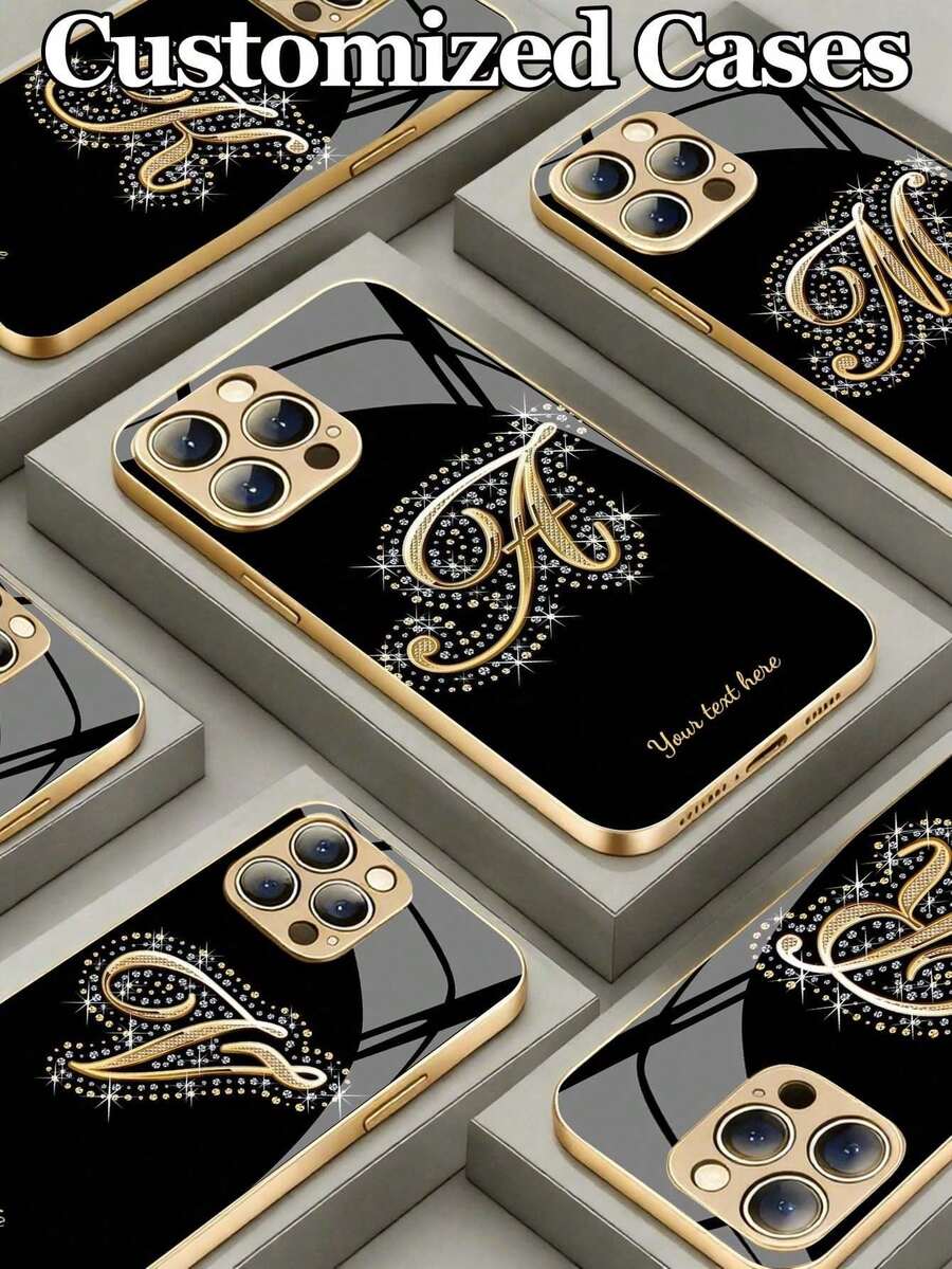 1pc Customizable Personalized Text & Gold Floral Rhinestone Letter Design Tempered Glass Phone Case, Compatible With IPhone 17 Air/16 ProMax/15 Pro/14 Plus/13 Pro/12 Pro Max/11/Xs Max/8/7/6 Plus, S24 Ultra/S25 Ultra/A12, High-End Business Custom Gift For Boyfriend, Girlfriend, Family