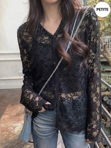 Thin Black V-Neck Long Sleeve Lace Blouse For Women, Loose Design, Sheer, Spring - Black - View 2