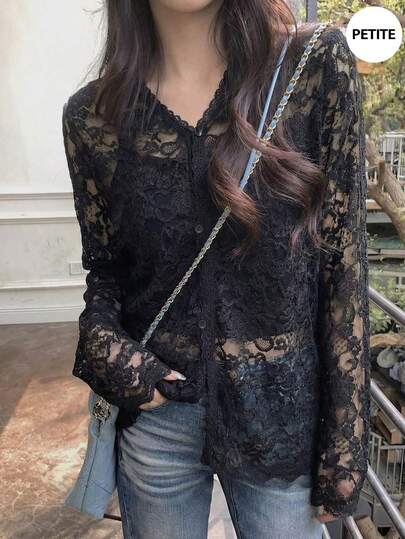 Thin Black V-Neck Long Sleeve Lace Blouse For Women, Loose Design, Sheer, Spring
