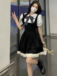 Collegiate Style 2 In 1 Cinching Waist Bow Decor Dress (With Tie) Black Elegant Summer - Black - View 2