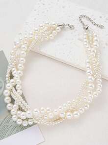 1件法式复古仿珍珠多层扭纹项链，适合作为女孩的生日、节日、圣诞节礼物 - 白色 - 查看 5