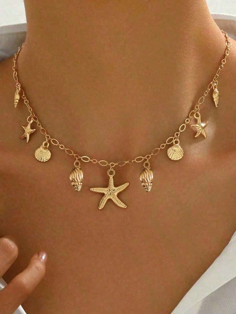 1pc Fashionable ZA Layered Necklace – Vintage Boho Beach Style With Starfish, Shell, Turtle & Multi-Pendant Design, Perfect Party And Holiday Gift, Versatile Accessory For Women's Casual And Vacation Outfits - Gold - 查看 1