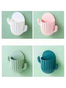 1pc Cactus Wall Mounted Storage Tube, Hole-Free Wall Hanging Phone/Remote Control Organizer, Bathroom Toothbrush & Toothpaste Holder - Multicolor - View 6