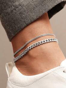 Set de 2 tobilleras minimalistas de acero inoxidable y cadena simple para hombres - Plateado - Ver 1