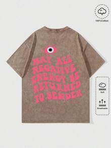 Gray T-Shirt With Bold Pink Eye Graphic And Positive Energy Quote Casual Short Sleeve Tee For Stylish Everyday Wear - Cà phê nâu - Xem 2