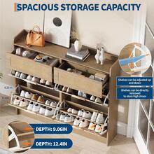 Rattan Shoe Storage Cabinet, Narrow Freestanding Organizer Shoe Rack Organizer With Adjustable Shelves And Sleek Metal Handles For Entryway, Natural Wood Color - 橡木 - 查看 2