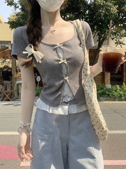 女士夏季蕾丝拼接二合一短袖T恤，情人节，秋冬季