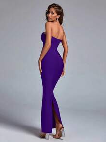 Bernatova Sexy Strapless Midi Bodycon Cocktail Party Dress In Purple, With Back Slit Design, Suitable For Birthday, Back To School, Graduation, Wedding Guest, Evening Party Spring - Purple - View 4