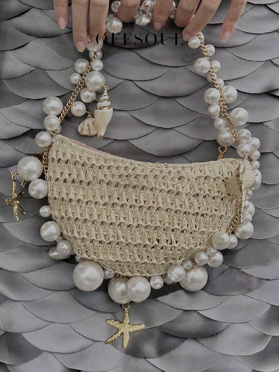 贝壳、星星、贝壳草编包，女士新款个性珍珠手工编织手提包，派对、宴会、旅行、沙滩单肩包，带链条 - 米色 - 查看 1