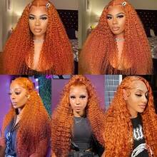 34 Inch 13x4 Deep Wave Lace Front Wig Mixed Human Hair HD Lace Front Wig Pre-Plucked Bleached Knots 200% Density Deep Curly Human Hair Wig #350 Ginger Blonde - S350 - View 8