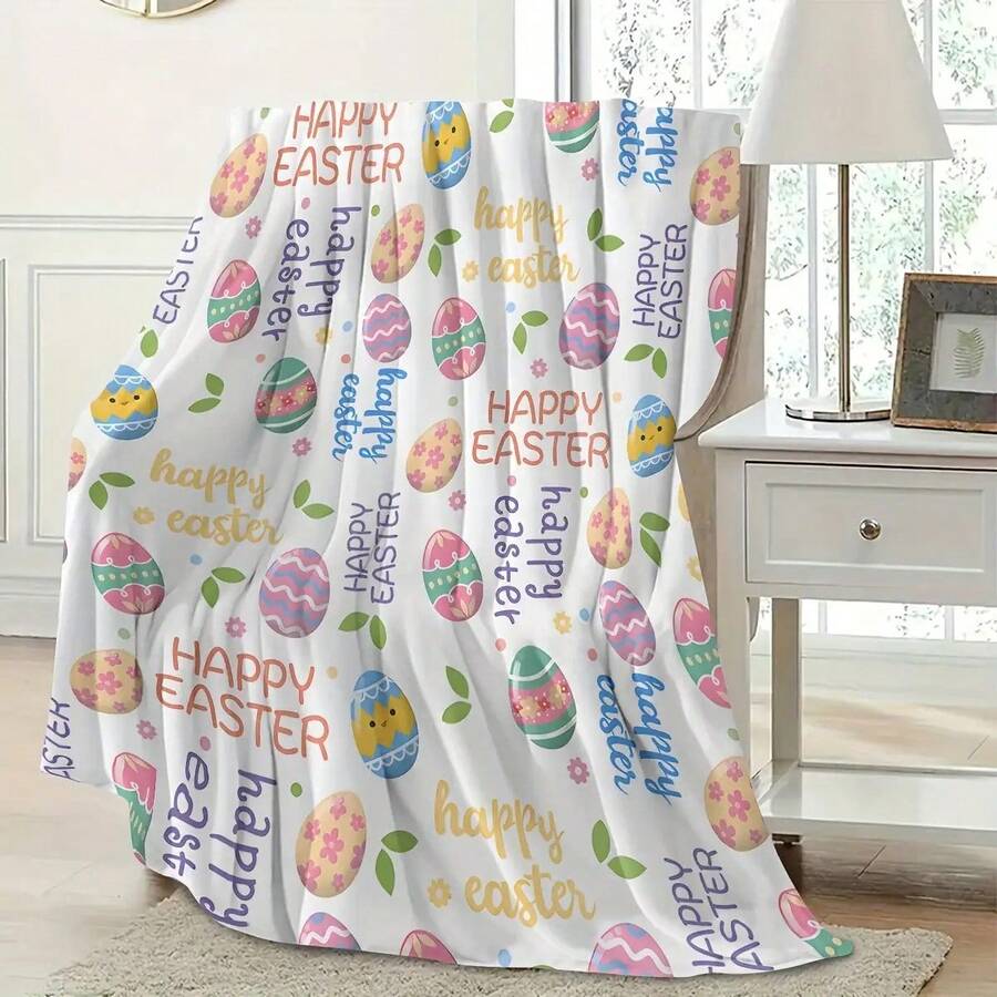 Easter-Themed Flannel Blanket With Pastel Colors & Easter Bunny, Chicks, Eggs, Bunny Ears & Easter Bunny Face - Soft All-Season Throw For Sofa, Bed - 白色 - 查看 1