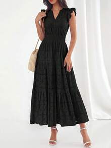 Womens Boho Maxi Dresses  Summer Floral Lace Eyelet V Neck Spring Wedding Guest Dress Beach Vacation Clothes - 黑色 - 查看 6