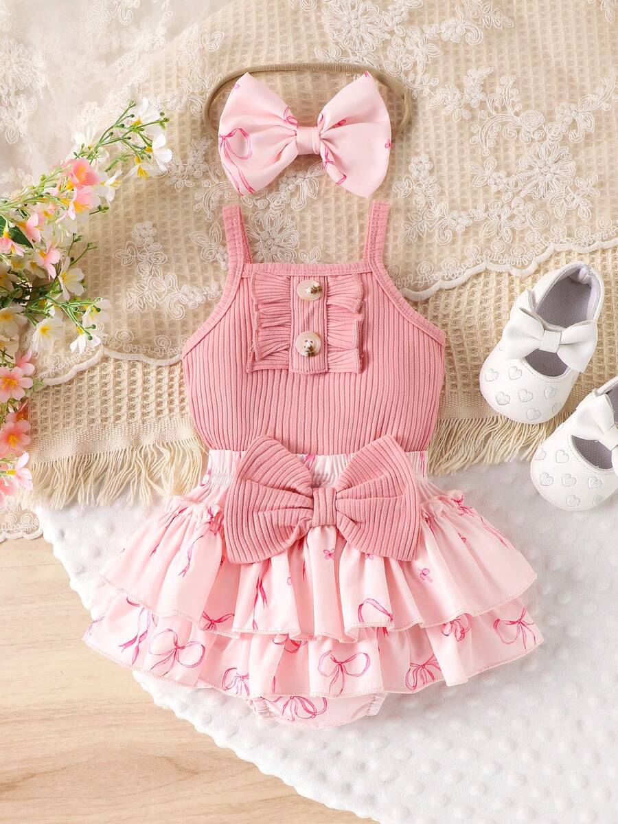 2件套女婴可爱连体衣+短裤轻薄套装，夏季 - 西瓜粉 - 查看 1