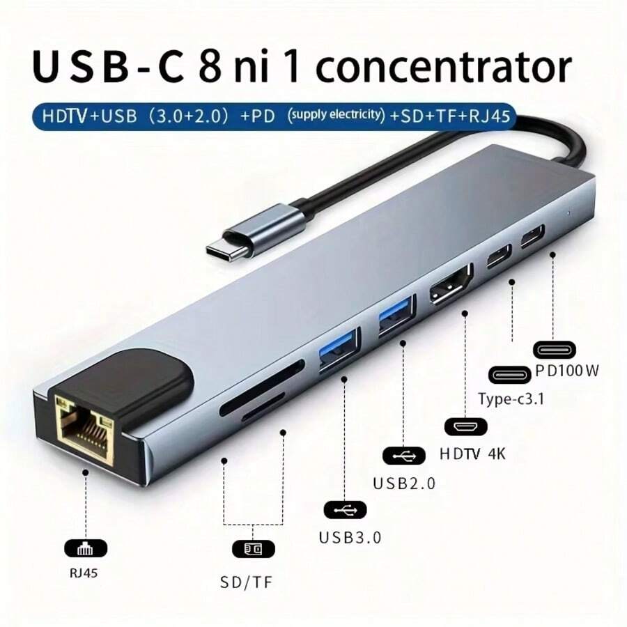 USB-C 集线器适配器扩展坞，USB 3.0 多功能电脑 SD 卡读卡器 - 附百兆網口和4K視訊接口 - 查看 1