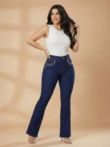 pthirillo Women's Dark Blue Flare Jeans With Butt-Lifting, High Waist, And Rhinestone Detail - Premium Rhinestone Jeans - Rhinestones Around the Pocket - View 5