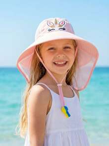 1 pieza Sombrero de cubo de tiburón de color azul marino para niños pequeños y niños, con dibujos animados, con correa para el cuello, cordón ajustable, gorra para deportes al aire libre, color de silbato aleatorio, primavera/verano - Unicornio rosa - Ver 6