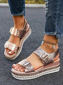 Sandalias de tacón alto con suela de cuerda para mujer, tacón de cuña, punta abierta, lazo, zapatos de plataforma con tacón grueso, adecuados para verano y primavera - Oro rosa - Ver 4