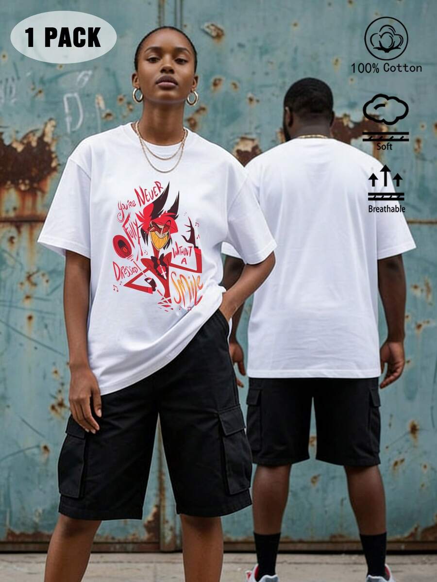 Áo thun in hình họa tiết phong cách thường ngày, áo tay ngắn đa năng phù hợp cho mùa tốt nghiệp, thiết kế unisex thích hợp cho mặc hàng ngày vào mùa xuân/hè. - trắng - Xem 1