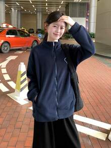 女士蓬松羊羔绒外套，立领拉链卫衣，秋冬款 - 藏蓝色 - 查看 2