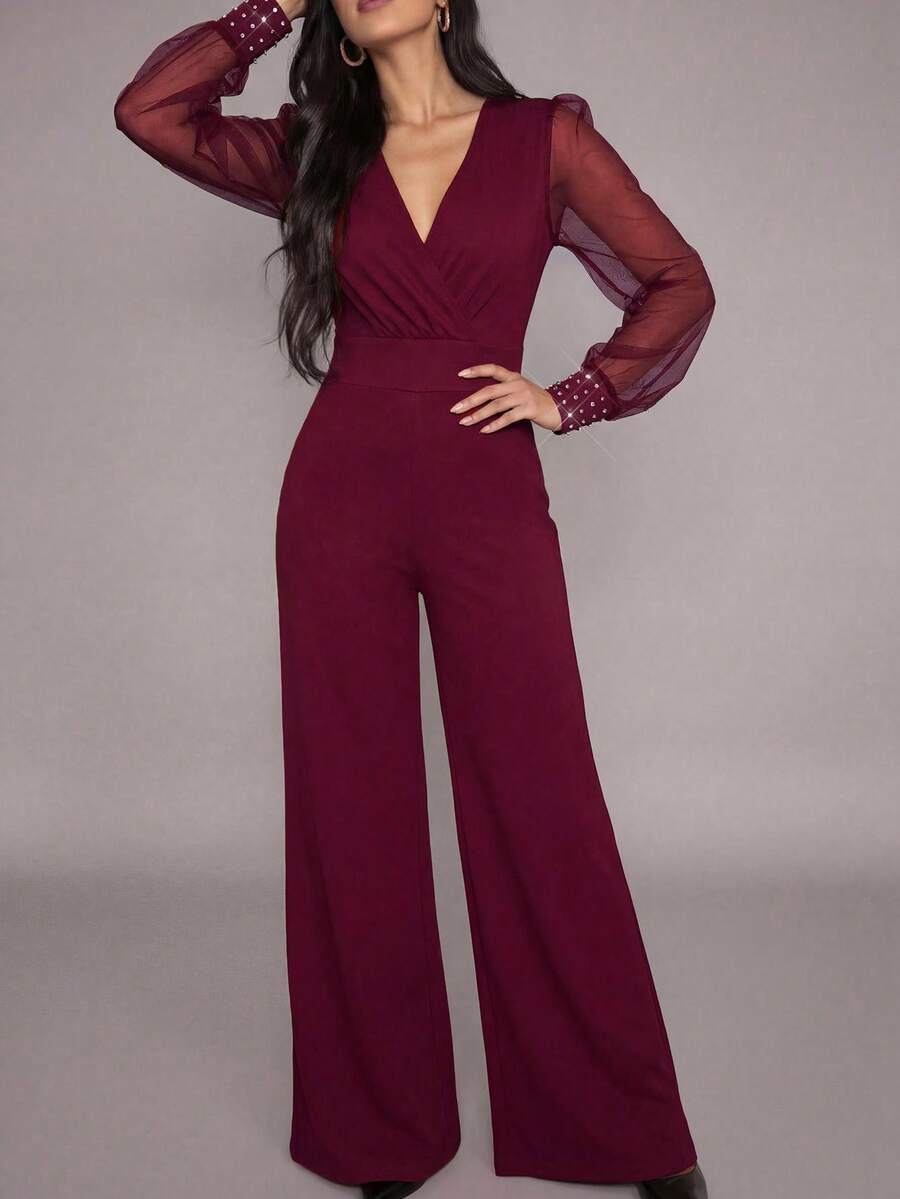 QIANZHIDU 优雅通勤网眼拼接水晶装饰连体裤 - 酒紅色 - 查看 1